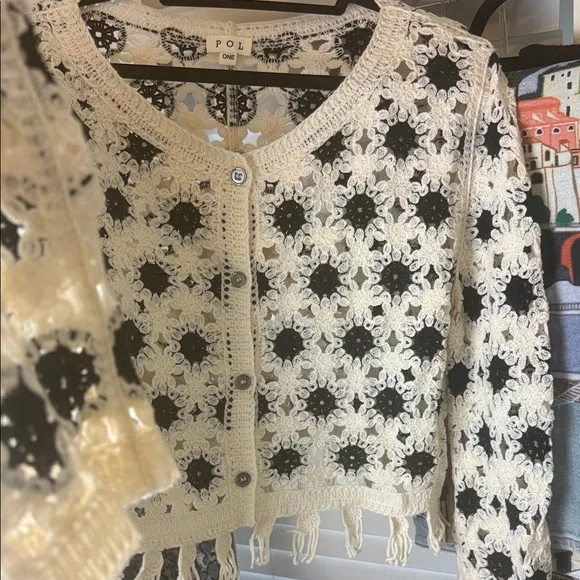 POL Crochet Cropped Cardigan in Cream and Black - Picture 2 of 12